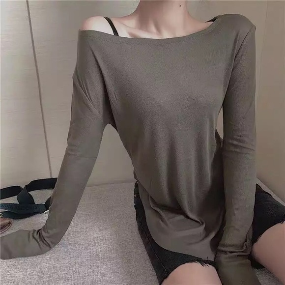Sexy top long sleeve t-shirt basic slit sheer army green black white - Picture 12 of 16